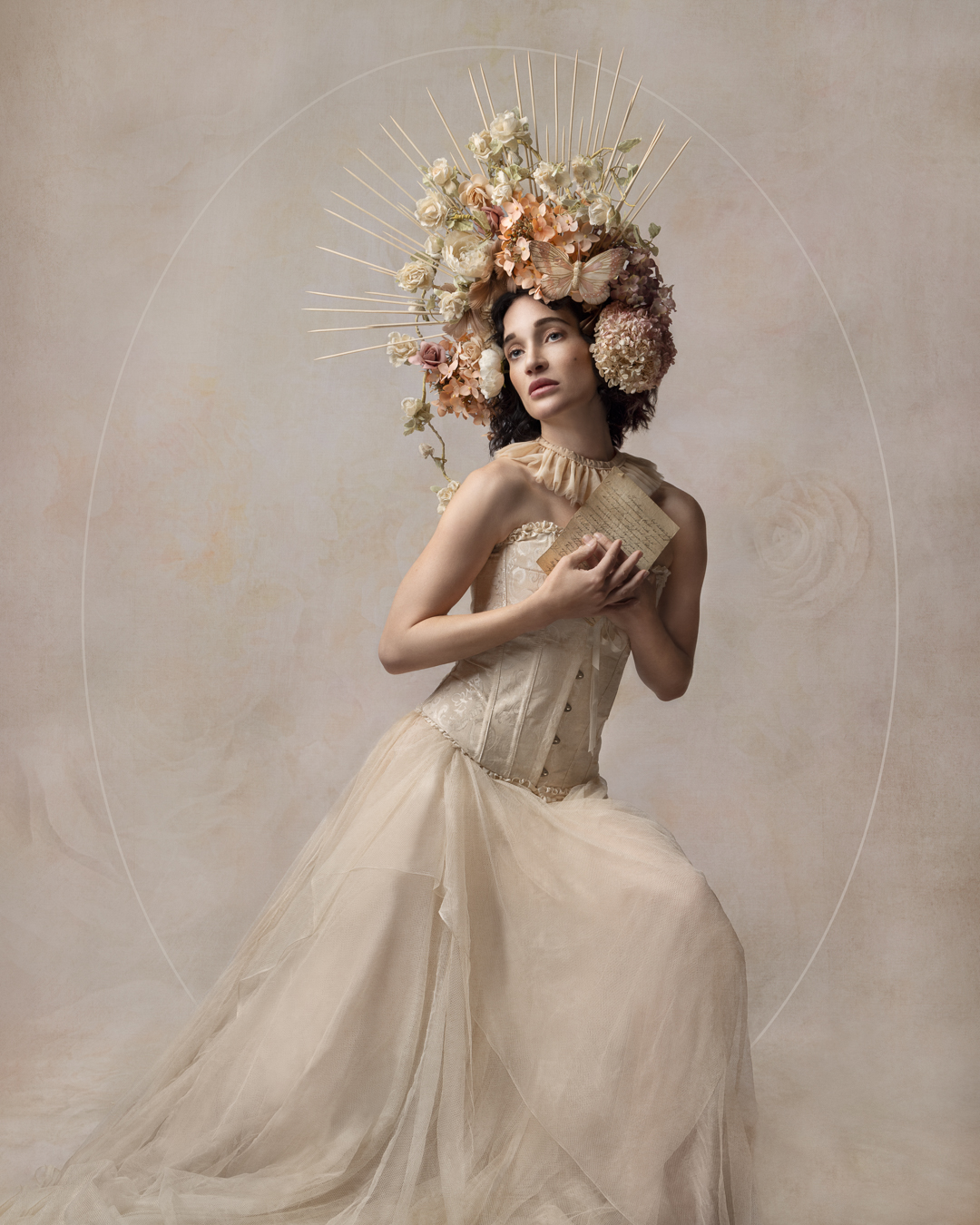 Finished painterly edit of a portrait with a floral headpiece