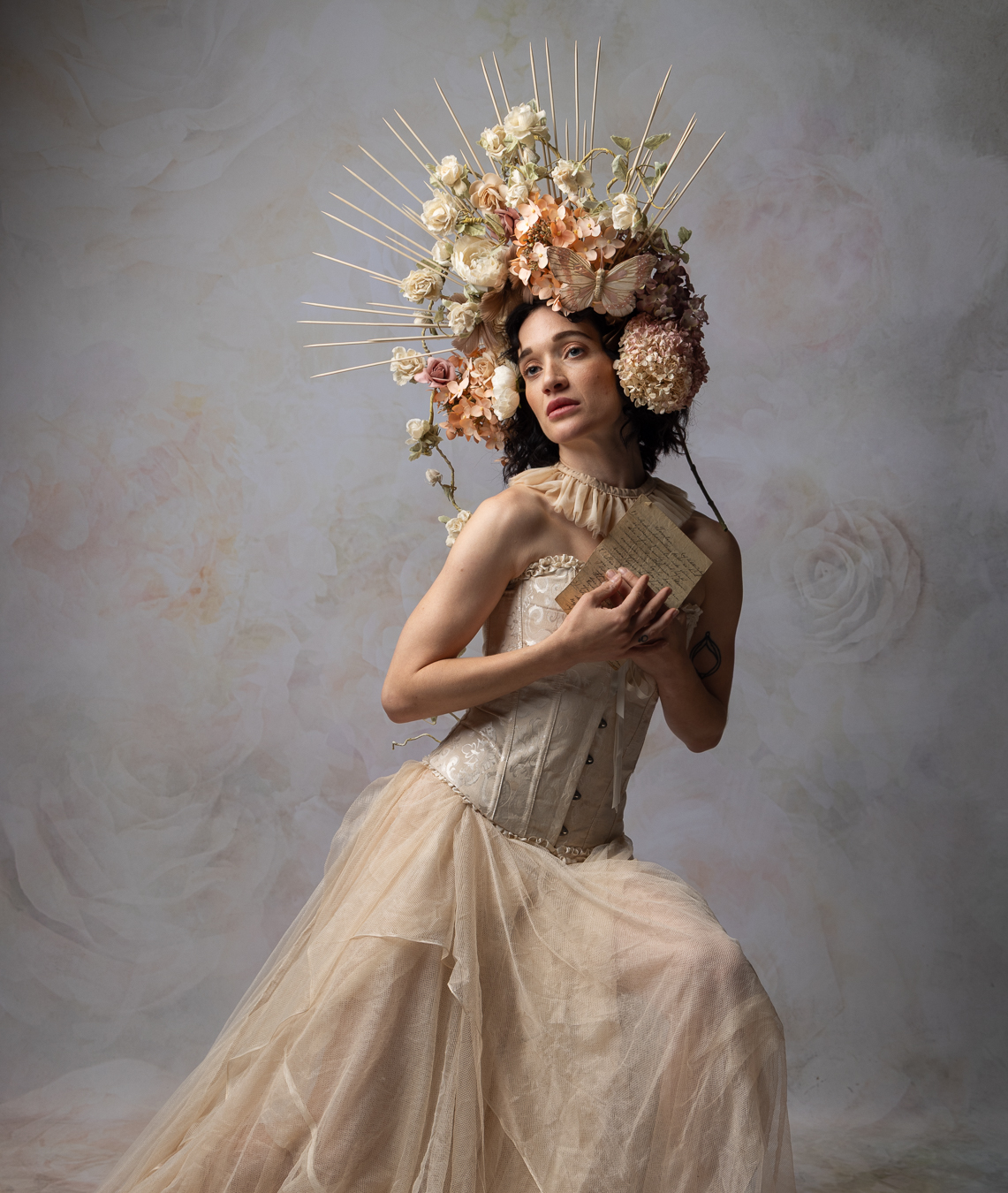 Original RAW portrait with a floral headpiece before editing