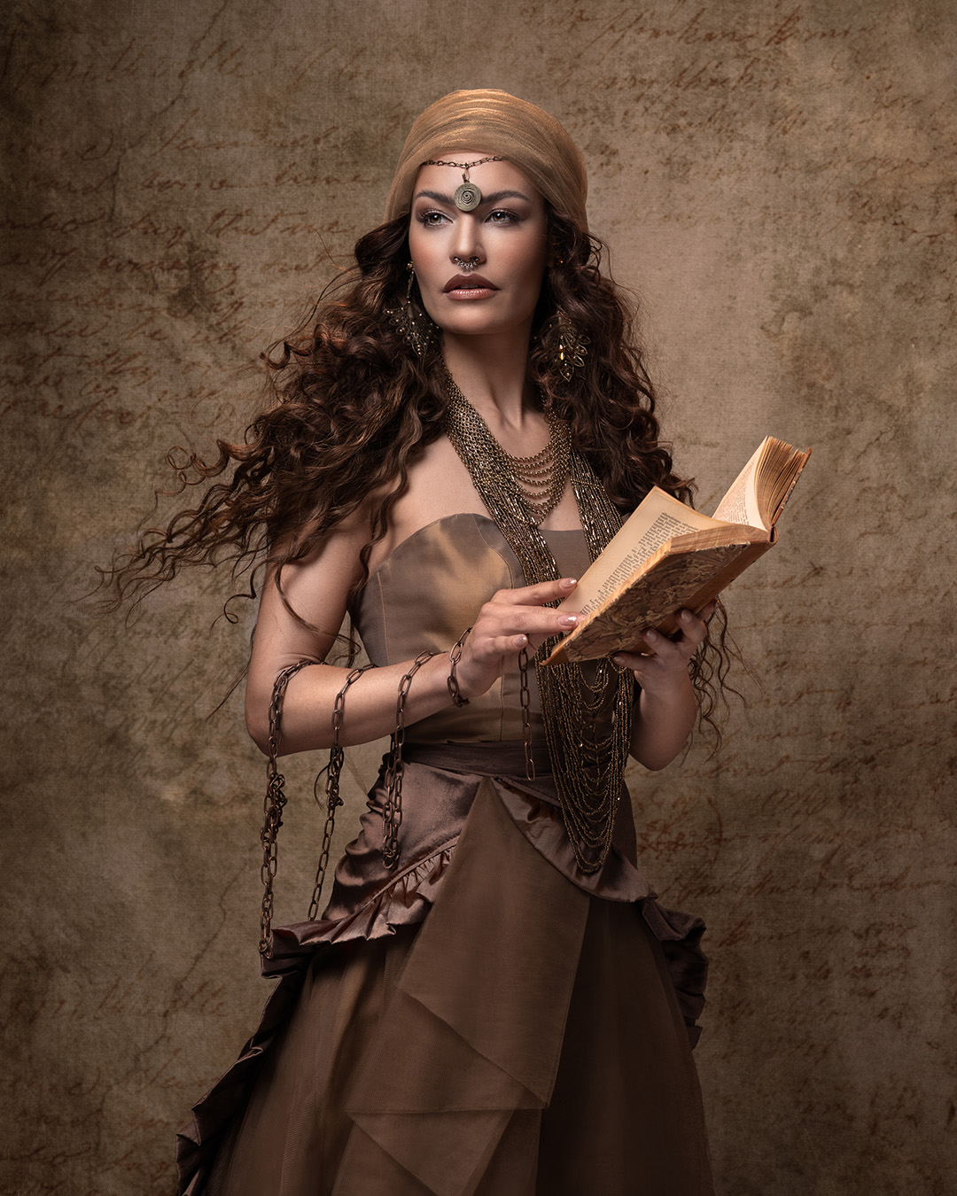 Fine Art portrait styled with chains, chiffon and an antique book