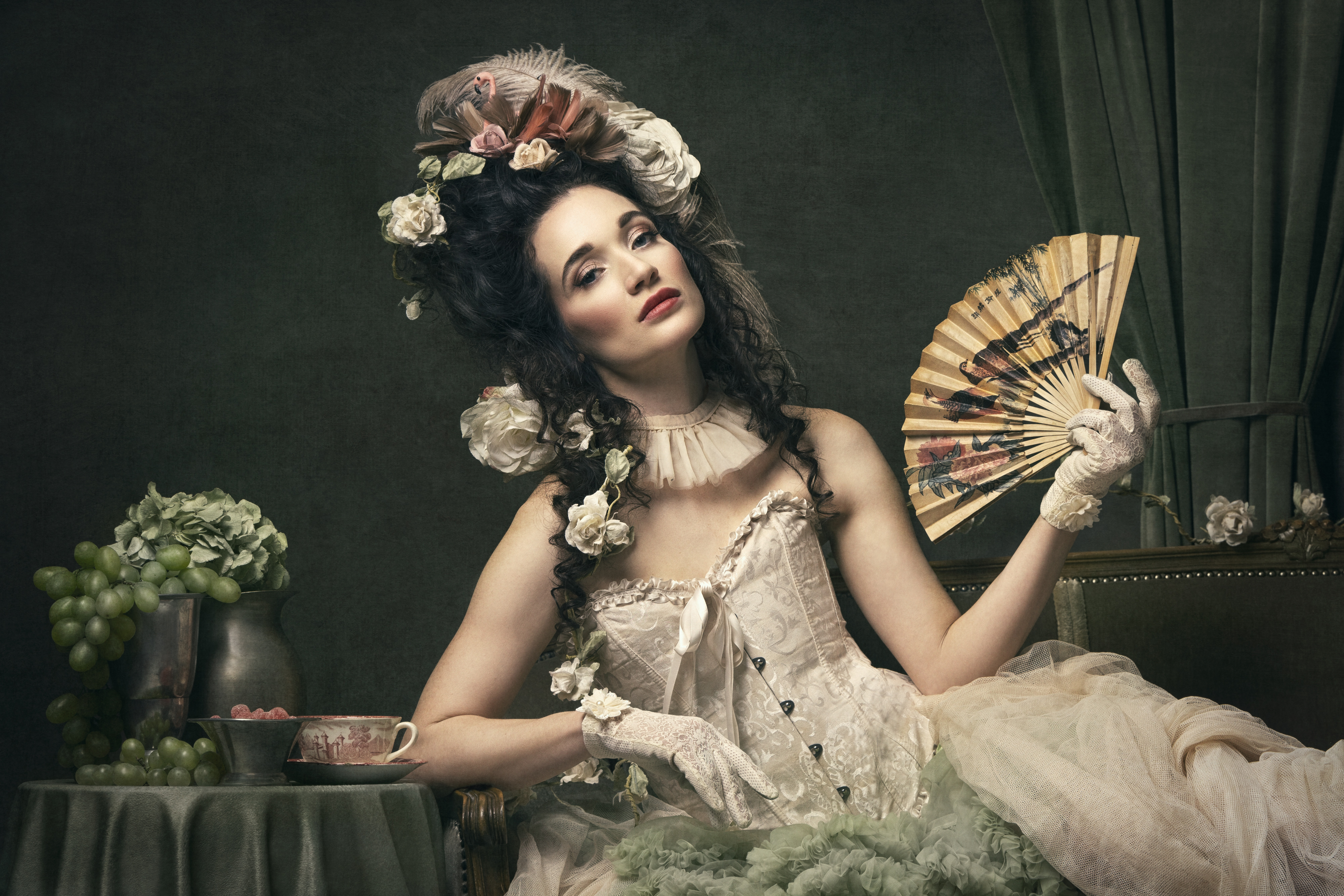 Baroque-inspired Fine Art portrait with a fan and florals
