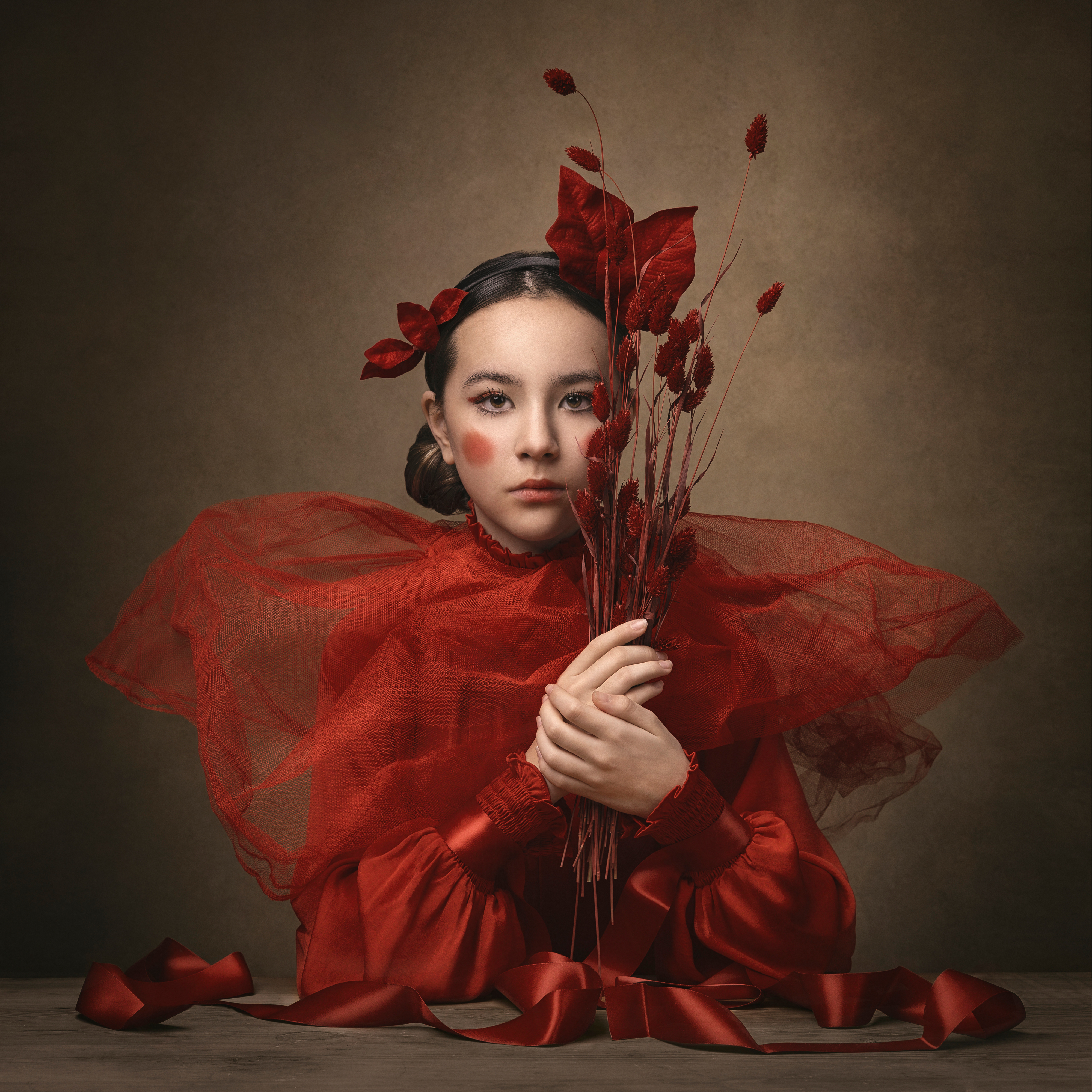 Fine Art portrait in red with dried florals and ribbon